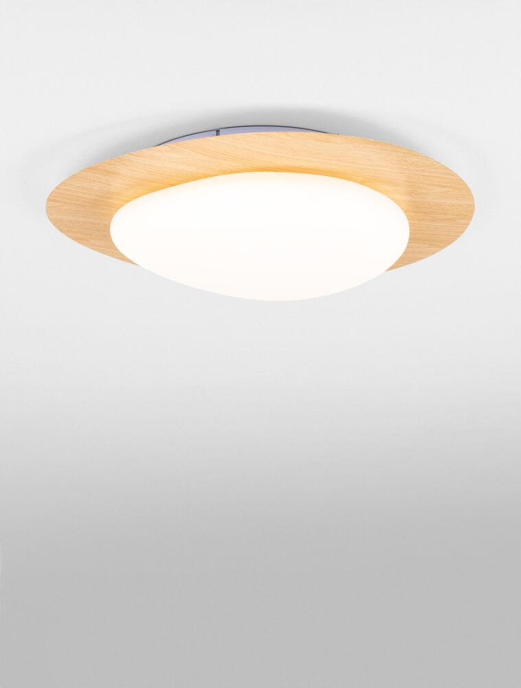 Nimbus LED Deckenleuchte 3000K Holz, Weiß mit Holzrahmen, dimmbar über TRIAC-System.