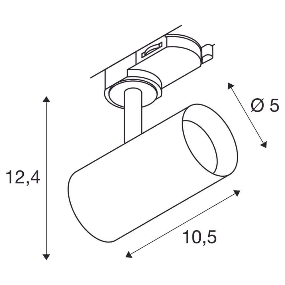 Produktzeichnung des 3-Phasen Noblo LED Spot 3000K 36° mit Abmessungen.