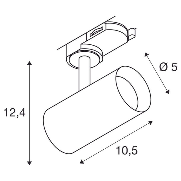 3-Phasen Noblo LED Spot 3000K 36° mit zylindrischer Form und Maßangaben für das Schienensystem