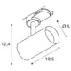 Produktzeichnung des 3-Phasen Noblo LED Spot 3000K 36° mit Abmessungen.