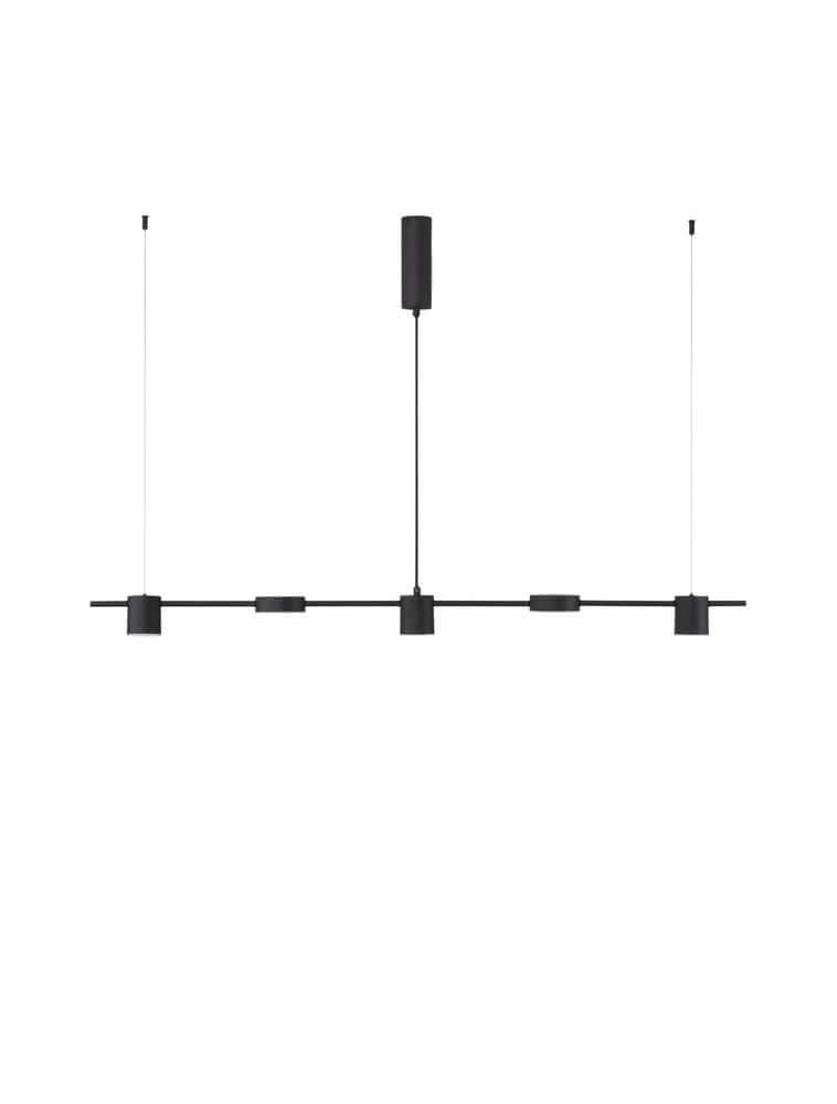Nordik LED Pendelleuchte 5-flammig 3000K Schwarz mit minimalistischer Zylinderoptik und linearem Baldachin.