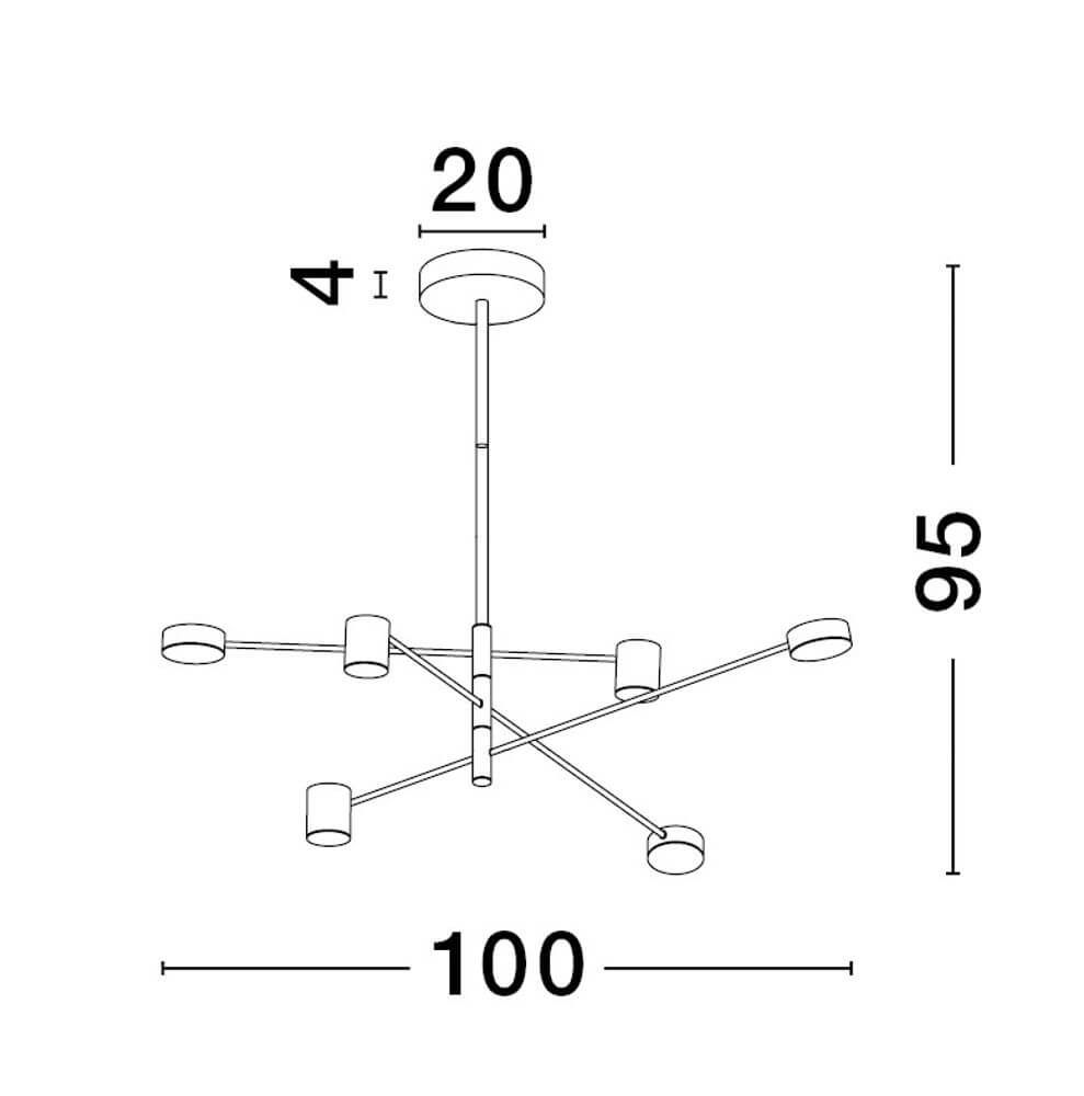 Technische Zeichnung der Nordik LED Pendelleuchte 6-flammig Ø 100cm 3000K Schwarz mit Maßen.