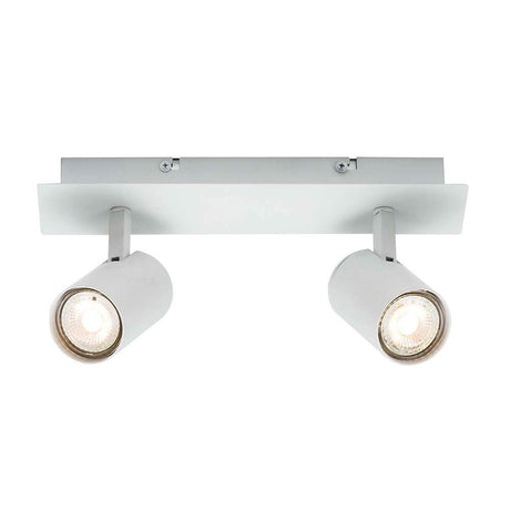 Projecteur double Frida blanc avec deux spots orientables sur une surface blanche mate.