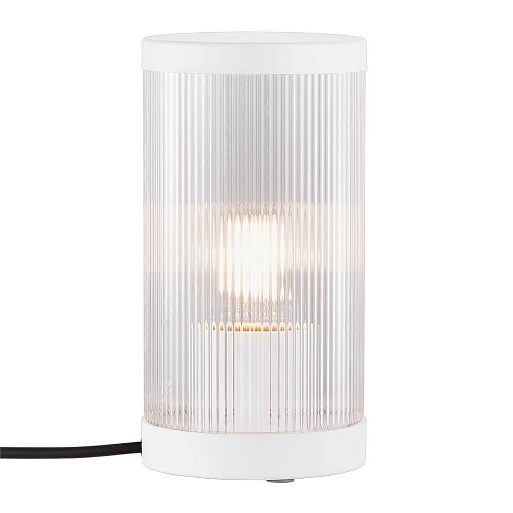 Coupar Tischleuchte in eleganter zylindrischer Form mit transparentem Schirm und modernem Design.