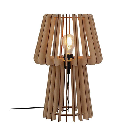 Lampe de table Groa en bois avec une structure en bois ouverte, qui diffuse la lumière et les ombres dans la pièce.