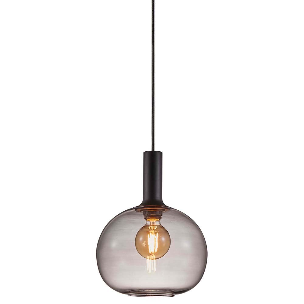 Hängeleuchte Alton 25 in Schwarz mit rauchfarbenem Glas, elegante runde Form für warmes Licht.