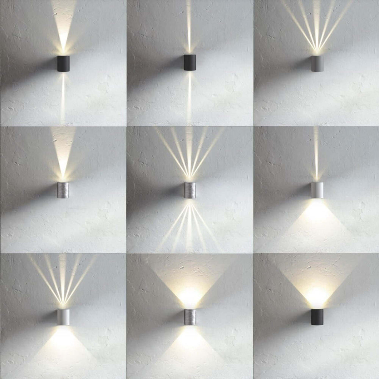 LED Außen-Wandleuchte Canto 2 IP44 Weiß mit verschiedenen Lichtmustern an Wänden.