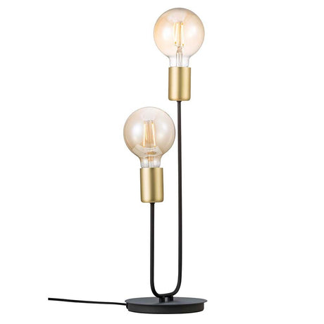 Lampe de table Josefine noire, laiton avec deux ampoules sur un socle noir.