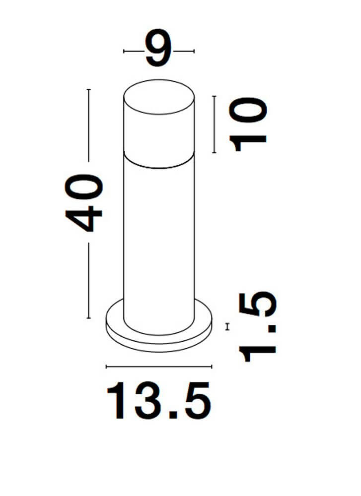 Noten LED Außenpollerleuchte 3000K Schwarz IP65 technische Skizze mit Maßen 40x9x13.5 cm, 10 cm Leuchtenkopf, 1.5 cm Sockelhöhe