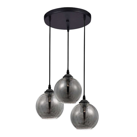 Adelina Glas-Pendelleuchte 3-flammig Rauchfarben mit drei Rauchglas-Schirmen und mattschwarzem Baldachin