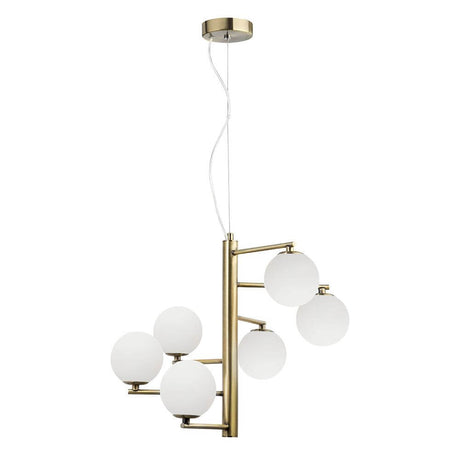 Agrigento 6er-Hängeleuchte Metall Glas mit elegantem Design und weißen Glaskuppeln für gute Lichtstreuung.