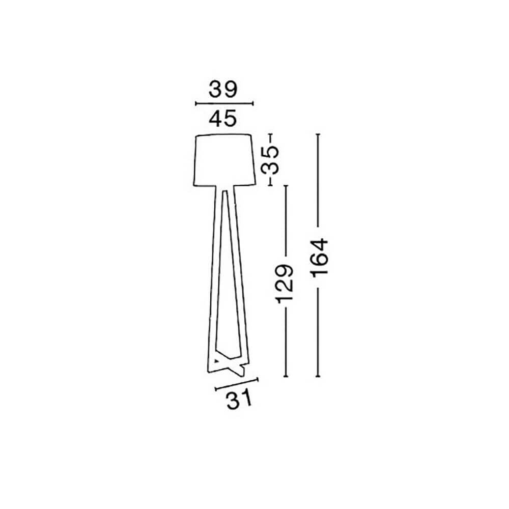 Maßzeichnung der Alma Stehlampe aus Naturholz, Weiß mit Abmessungen und Designdetails.