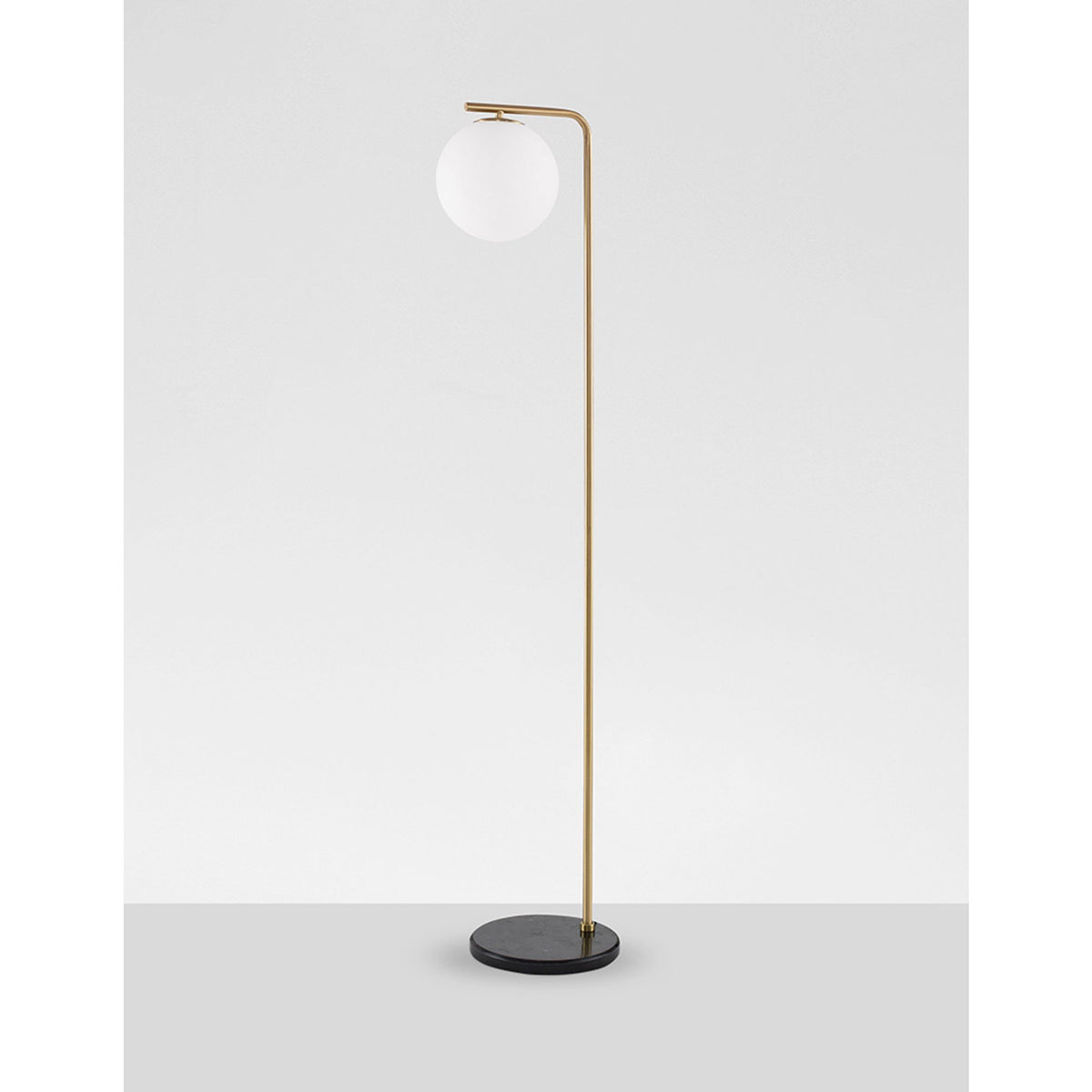Nova Luce Alvarez floor lamp, golden frame, white glass globe shade, black marble base, front view