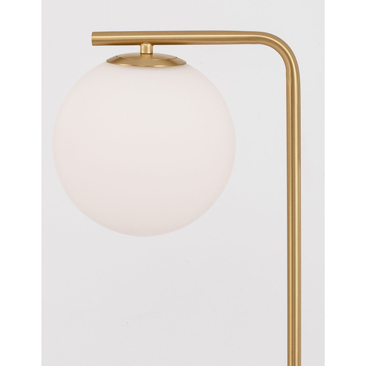 Nova Luce Alvarez floor lamp, gold with marble base, spherical opal glass shade, modern arc lamp, front view