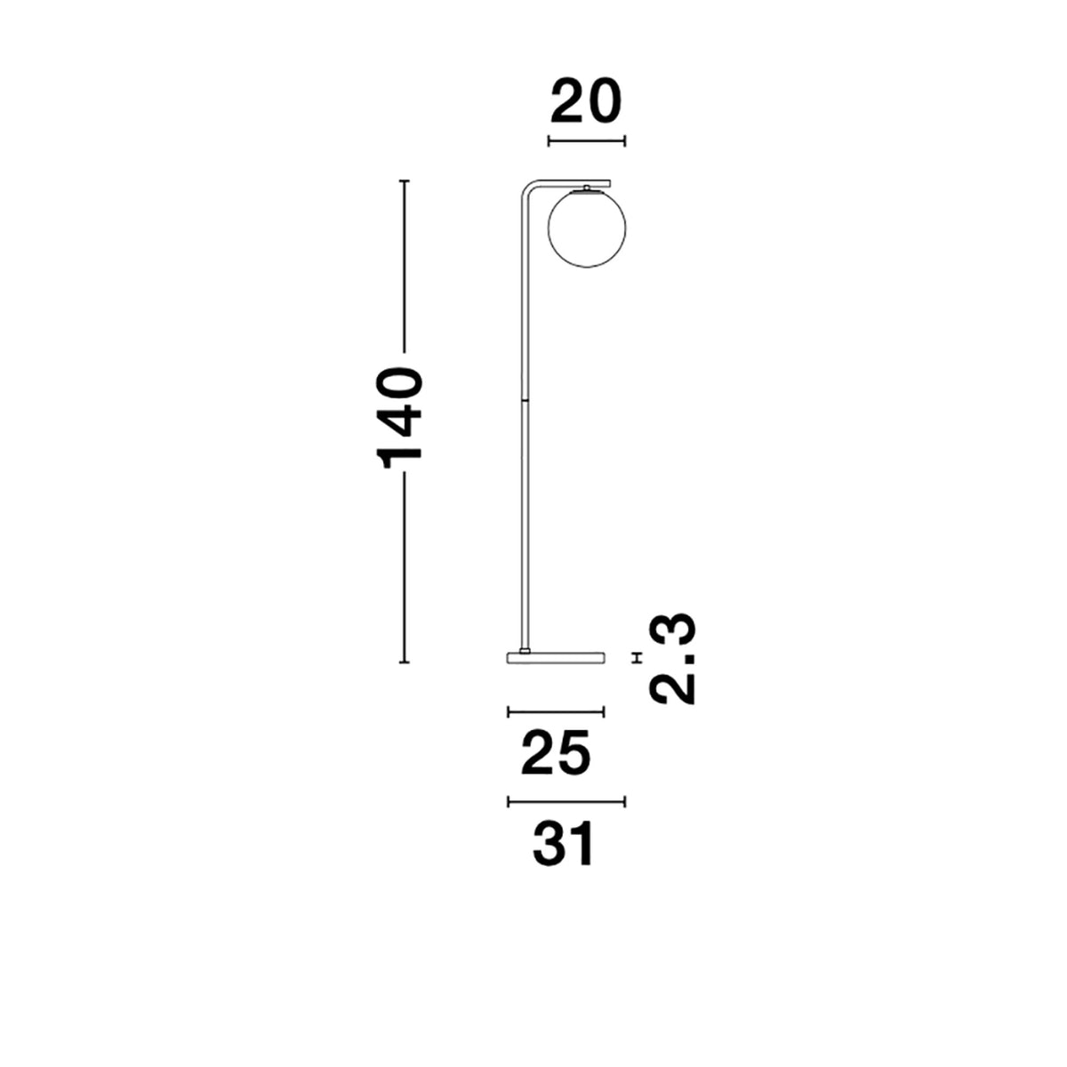 Nova Luce Alvarez floor lamp with gold marble base, technical drawing with dimensions