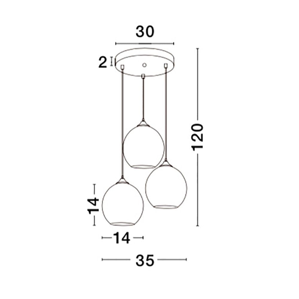 Bennett Hängelampe 3-flammig Chrom mit drei schlichten Glaskugeln, modernes Design, technische Maße abgebildet.