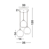 Bennett Hängelampe 3-flammig Chrom mit drei schlichten Glaskugeln, modernes Design, technische Maße abgebildet.