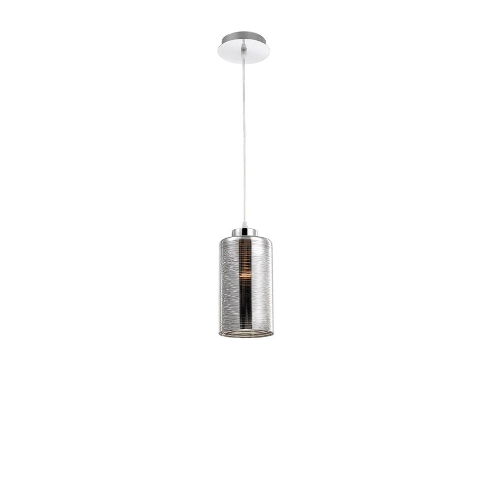 Blake Glas-Pendellampe in modernem Design mit verchromtem Aluminium und gestreiftem Glasschirm.