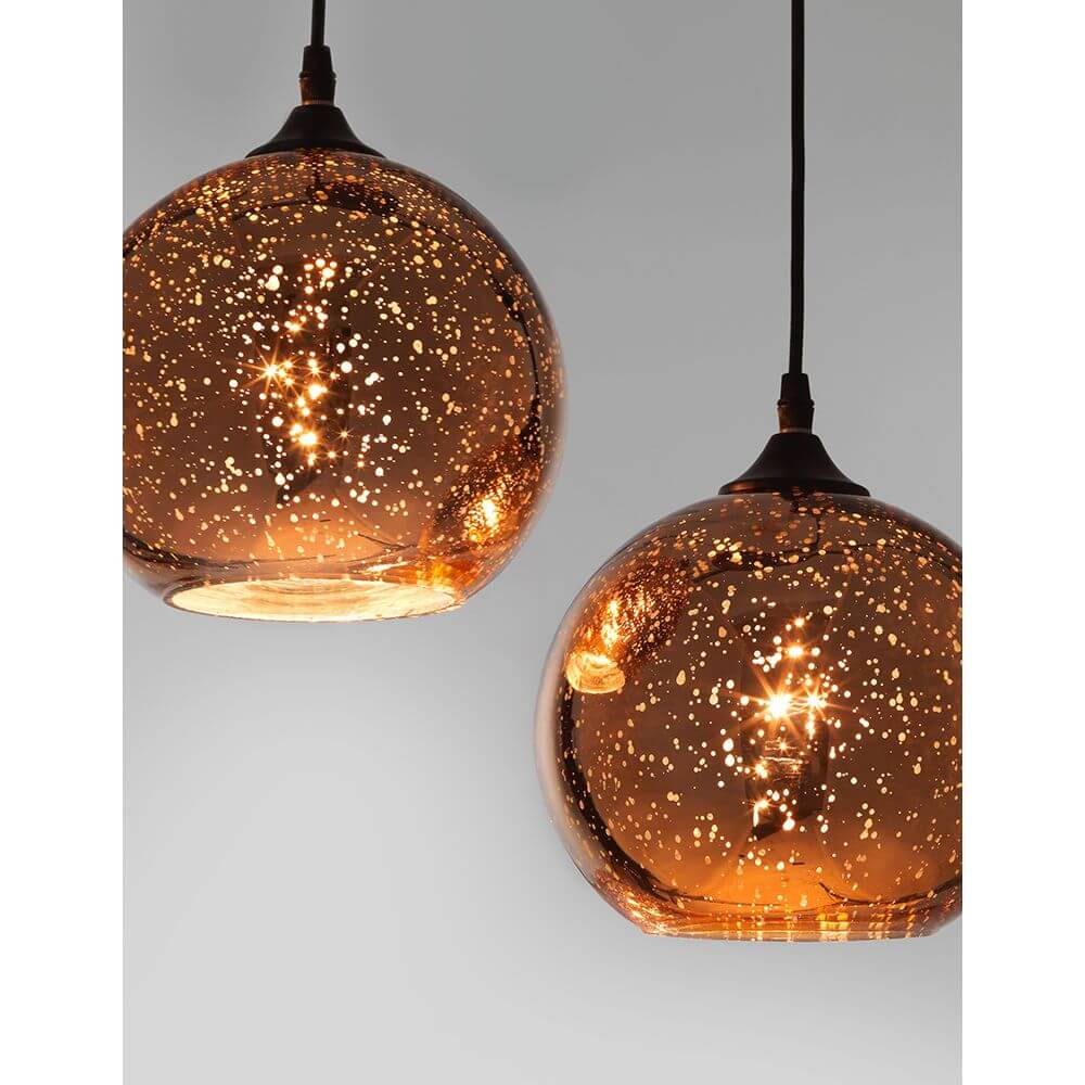Blaze Glas-Pendelleuchte 3-flammig Kupfer – zwei kupferfarbene Glas-Globen mit Sternenreflektoren und mattschwarzem Kabel