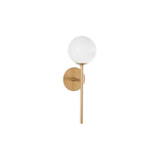 Cantona glass wall light brass, white on a wall, modern design with a white glass shade.