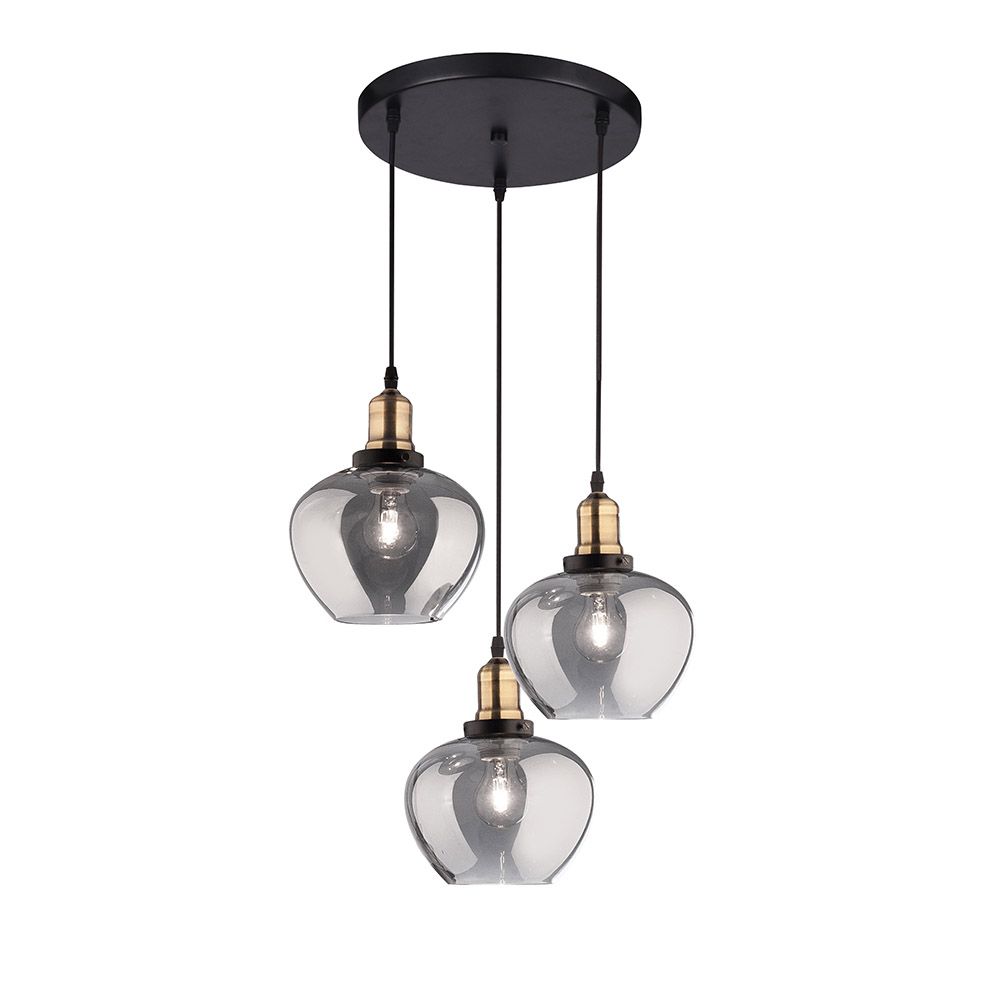 Moderne Cedro Pendelleuchte 3-flammig mit runder Aufhängung in Rauchfarben und Bronze-Details.