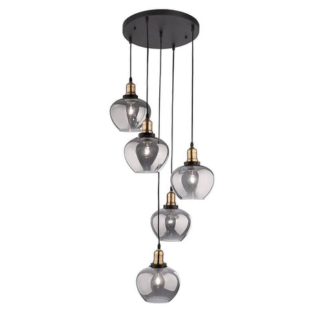 Cedro Glas-Pendelleuchte 5-flg. Bronze, Schwarz mit eleganten, transparenten Glaskugeln.