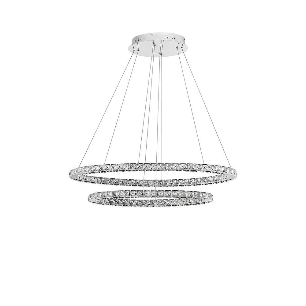 Alt Tag: Celine LED Kristall-Hängeleuchte Glas Chrom moderne Doppelring-Pendelleuchte mit Chromaufhängung