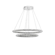 Alt Tag: Celine LED Kristall-Hängeleuchte Glas Chrom moderne Doppelring-Pendelleuchte mit Chromaufhängung