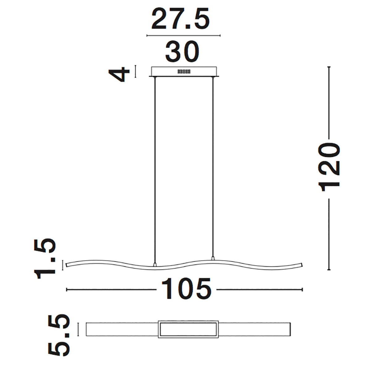 Nova Luce Cesena LED pendant light chrome, technical drawing with dimensions, top view and side view