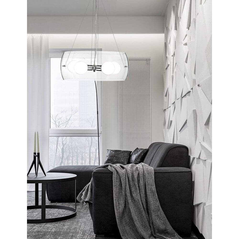Nova Luce Chiara Hängelampe 5-flammig Klar in modernem Wohnzimmer mit Sofa und dekorativer Wand.