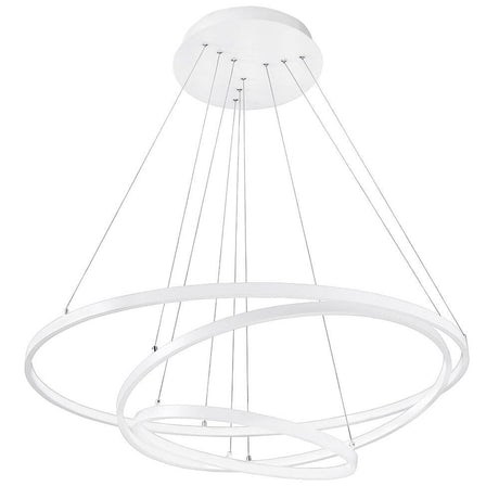 Dea LED pendellampe hvit i moderne design med to sammenflettede ringer og klar belysning.
