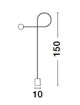 Dedalo Stehlampe Schwarz Glas Opal technische Zeichnung mit Abmessungen 150 cm Höhe und 10 cm Breite.