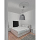 Moderne Schlafzimmeransicht mit grauer Rattan-Hängelampe und schlichtem Doppelbett.