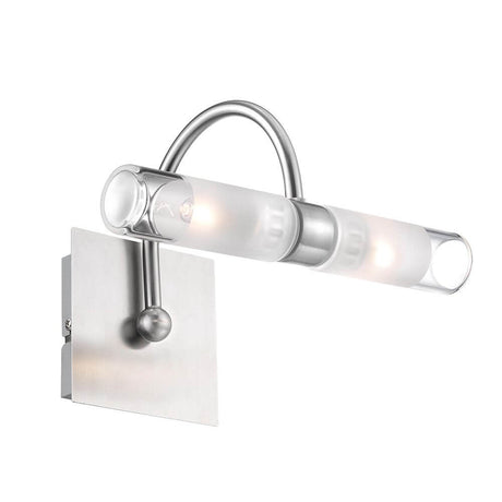 Dritto bad-vegglampe i nikkel og glass med klart glasslys og satinert nikkelfinish.