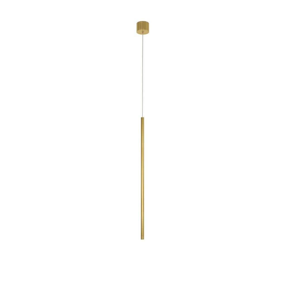 Alt Tag: Elettra LED Pendellampe 60cm in Messing Gold, schlanke Aluminiumröhre, minimalistisches Hängeleuchte-Design für Esszimmer oder Flur