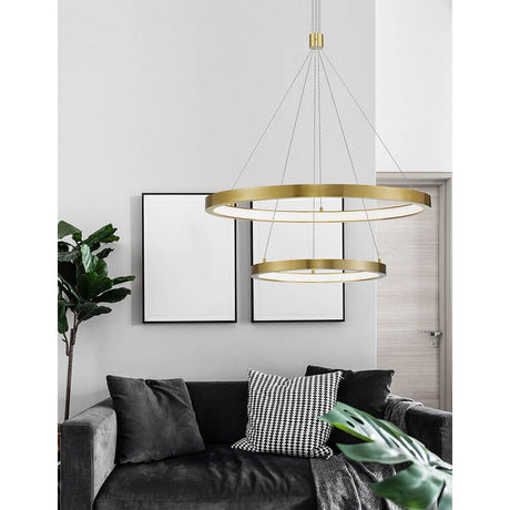 Empati LED Hængelampe Ø 60cm 2 ringe gyldne aluminiumsringe over sofa i stuen, integreret 60W LED varm hvid 3000K