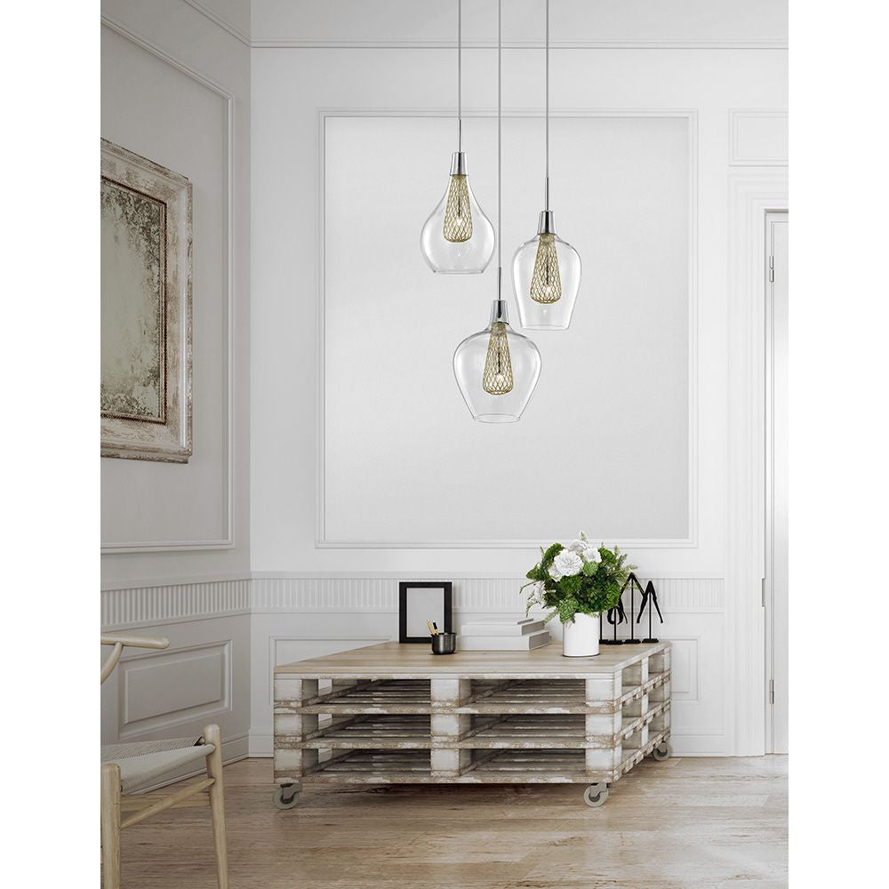 Moderne Filo Glas-Hängeleuchte 3-flammig in klar und gold, stilvolle Beleuchtung im Esszimmer.
