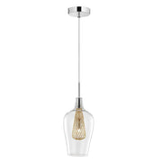 Suspension Filo transparente, dorée avec métal chromé, surface en verre transparent et abat-jour à grille dorée.
