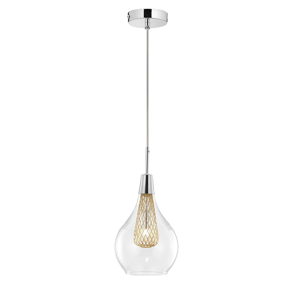 Moderne Filo Glas-Hängelampe in klar mit goldenem Gitterschirm und verchromtem Aufhängungssystem.