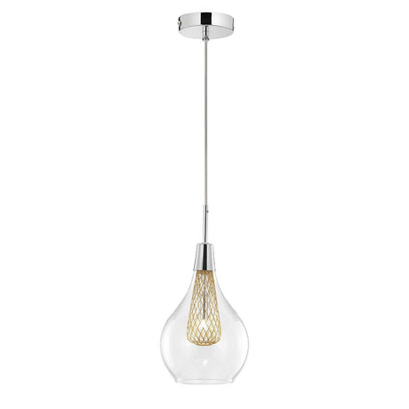 Filo Glas-Hängelampe Klar, Gold – moderne Pendelleuchte aus Glas und Aluminium mit elegantem goldenen Gitterschirm