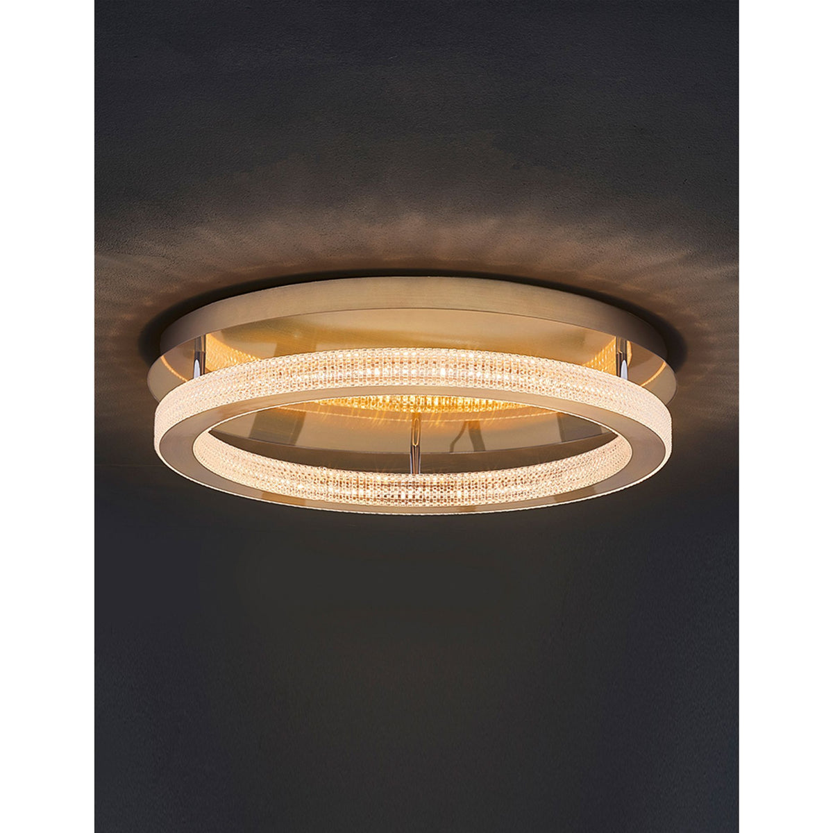 Fiore LED Deckenlampe in Antik-Gold, runde Form mit strukturiertem Glas, warmweißes Licht, Deckenansicht
