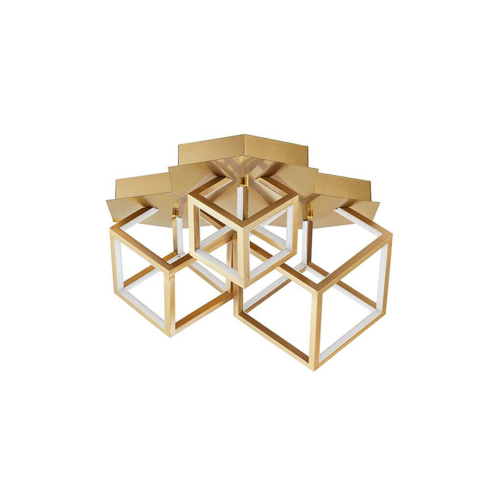 Moderne Gabbia LED Deckenleuchte in elegantem Gold mit transparenten Würfeln.