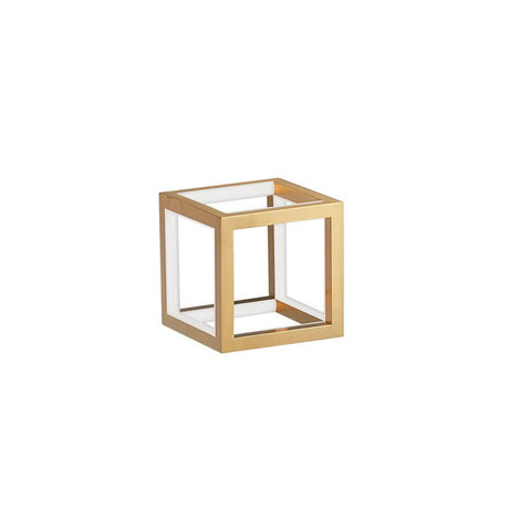 Gabbia LED Würfel Tischlampe aus Aluminium und Glas in goldenen Akzenten für stilvolle Innenräume.