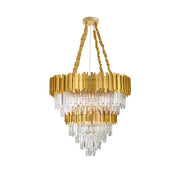 Grane crystal chandelier 20-light gold with luxurious metal frame and rectangular prisms.