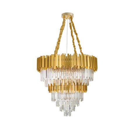 Grane Kristall Kronleuchter 20-flg. Gold mit luxuriösem Metallrahmen und rechteckigen Prismen.