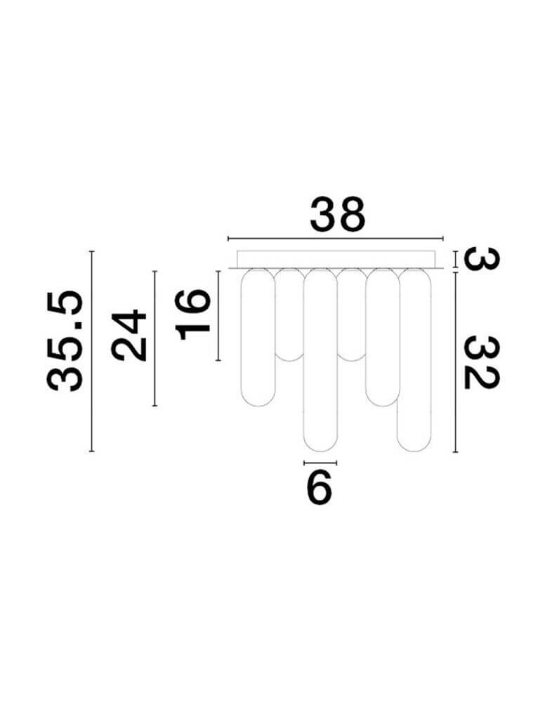 Technische Zeichnung der Gustave LED Deckenleuchte Rauchgrau mit Maßen und Designdetails.