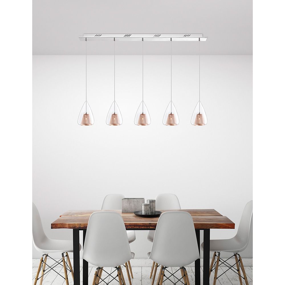 Hugo Glass Pendant Lamp 5-Flame Clear, Rose Gold