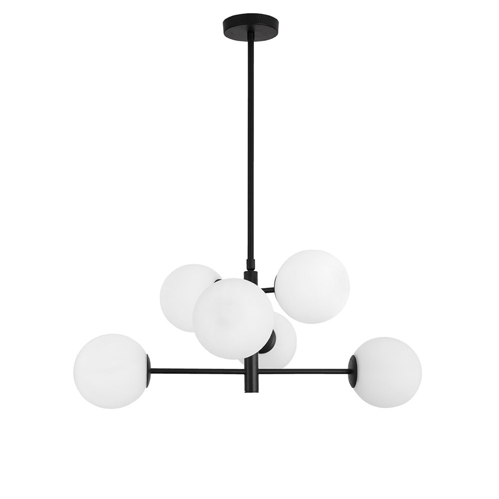 Moderne Impero Hängelampe in Schwarz mit 6 weißen Glaskugeln, ideal für Ess- und Wohnbereich.
