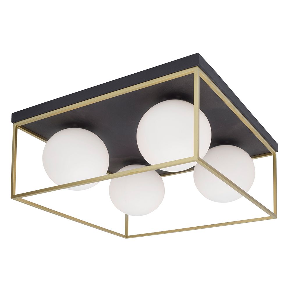 Juliet Deckenleuchte in Messing und Schwarz mit 4 Opalglasleuchten, ideal für Esszimmer und Wohnzimmer.