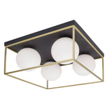 Juliet Deckenleuchte in Messing und Schwarz mit 4 Opalglasleuchten, ideal für Esszimmer und Wohnzimmer.